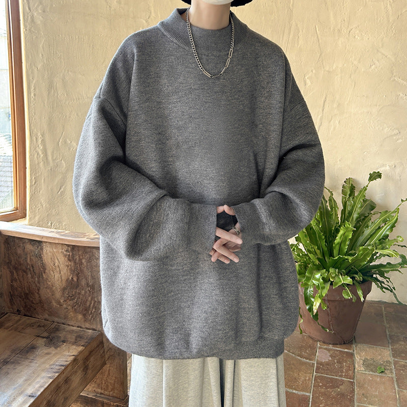 Spring And Autumn Ins Fashion Brand Loose And Idle Solid Color Sweater Round Neck Sweater For Men