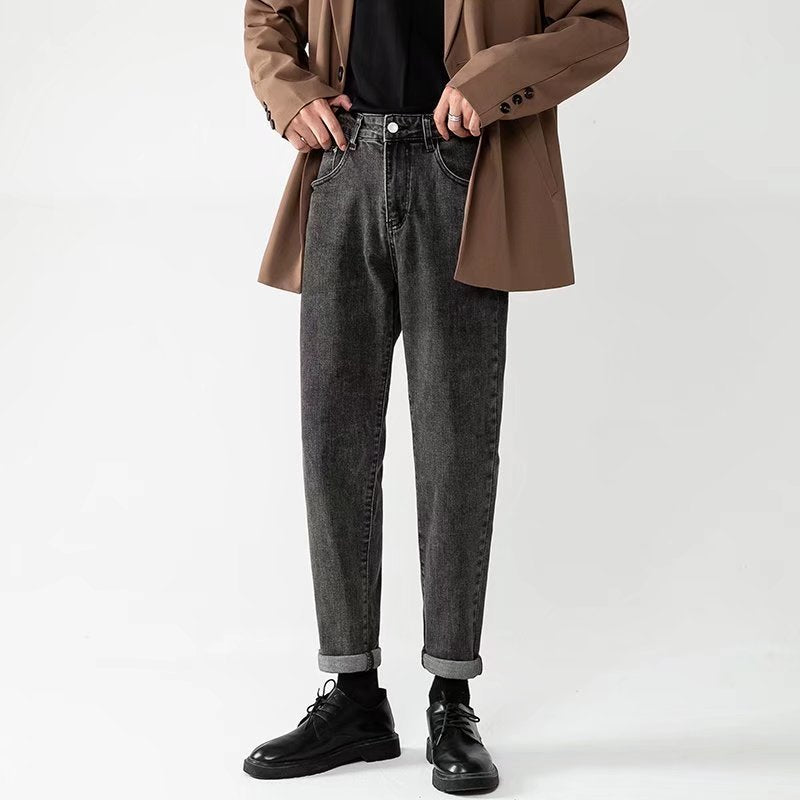 Men's Loose Straight Light Blue Cropped Pants