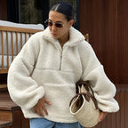 Stand Collar Beige Fleece Sweatshirt