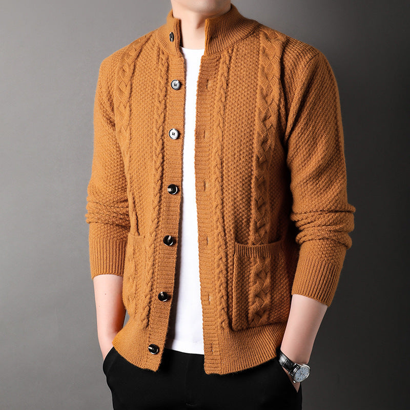 Young And Middle-aged Thick Knit Cardigan Retro Jacquard Loose-fitting Sweater Men's Sweater Coat