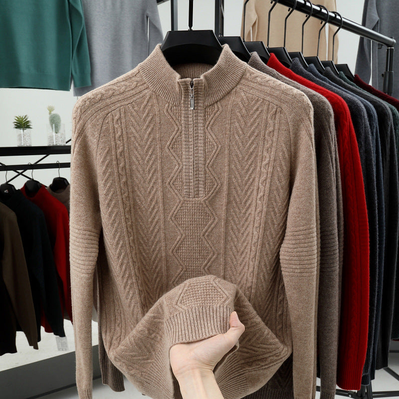 All Wool Men's Sweater Half Turtleneck Zipper Sweater