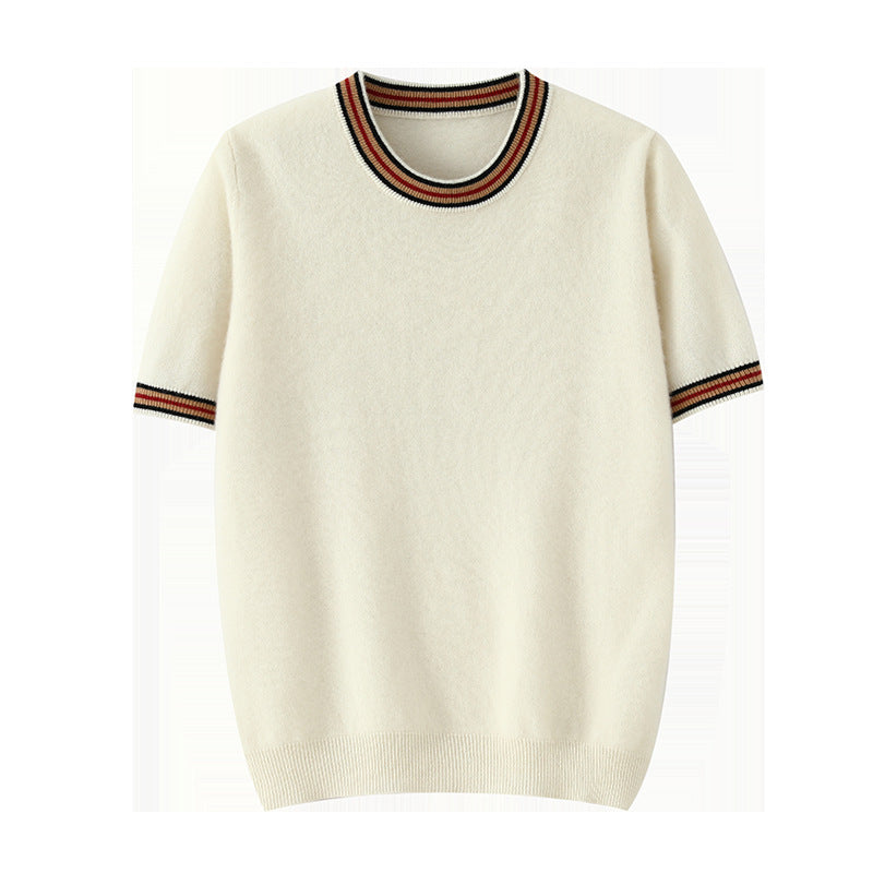 Round Neck Pure Wool Sweater Men's Short Sleeve Early
