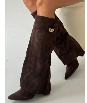 Ins Pant-tube Boots Pointed Toe Chunky Heel Shoes WInter Knight Mid-calf Dress Boot For Women