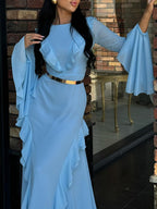 Round Neck Ruffled Long Sleeve Maxi Dress