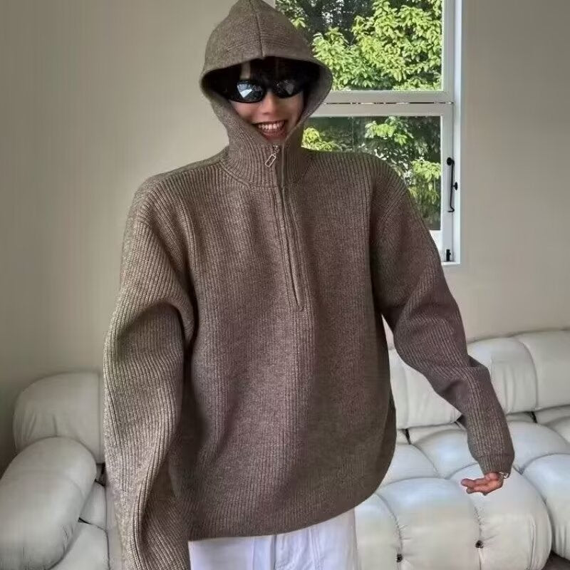 Retro Half Zipper Hooded Sweater Men's Lazy Knitted Cardigan Jacket