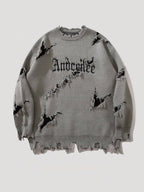New Personality Street Jacquard Ripped Frayed Vintage Loose Sweater