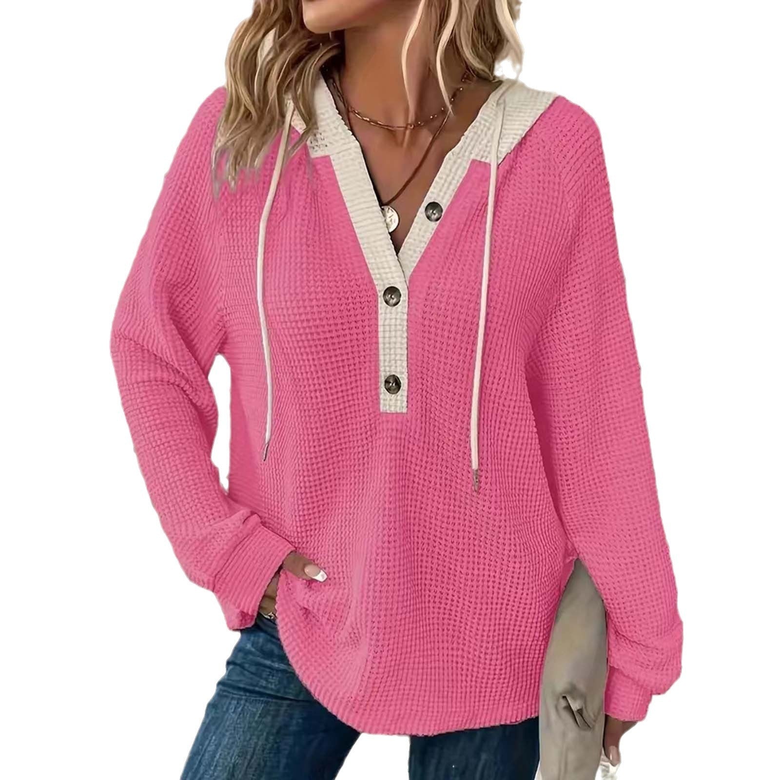 Women's Solid Color Waffle Hooded Button Loose Long Sleeve Sweatershirt
