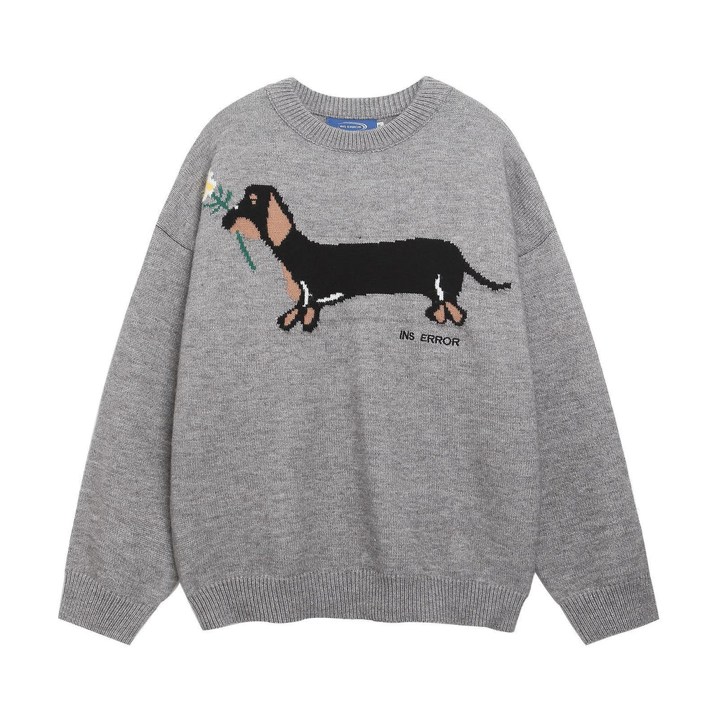 American Retro Sausage Puppy Jacquard Round Neck Sweater