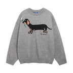 American Retro Sausage Puppy Jacquard Round Neck Sweater