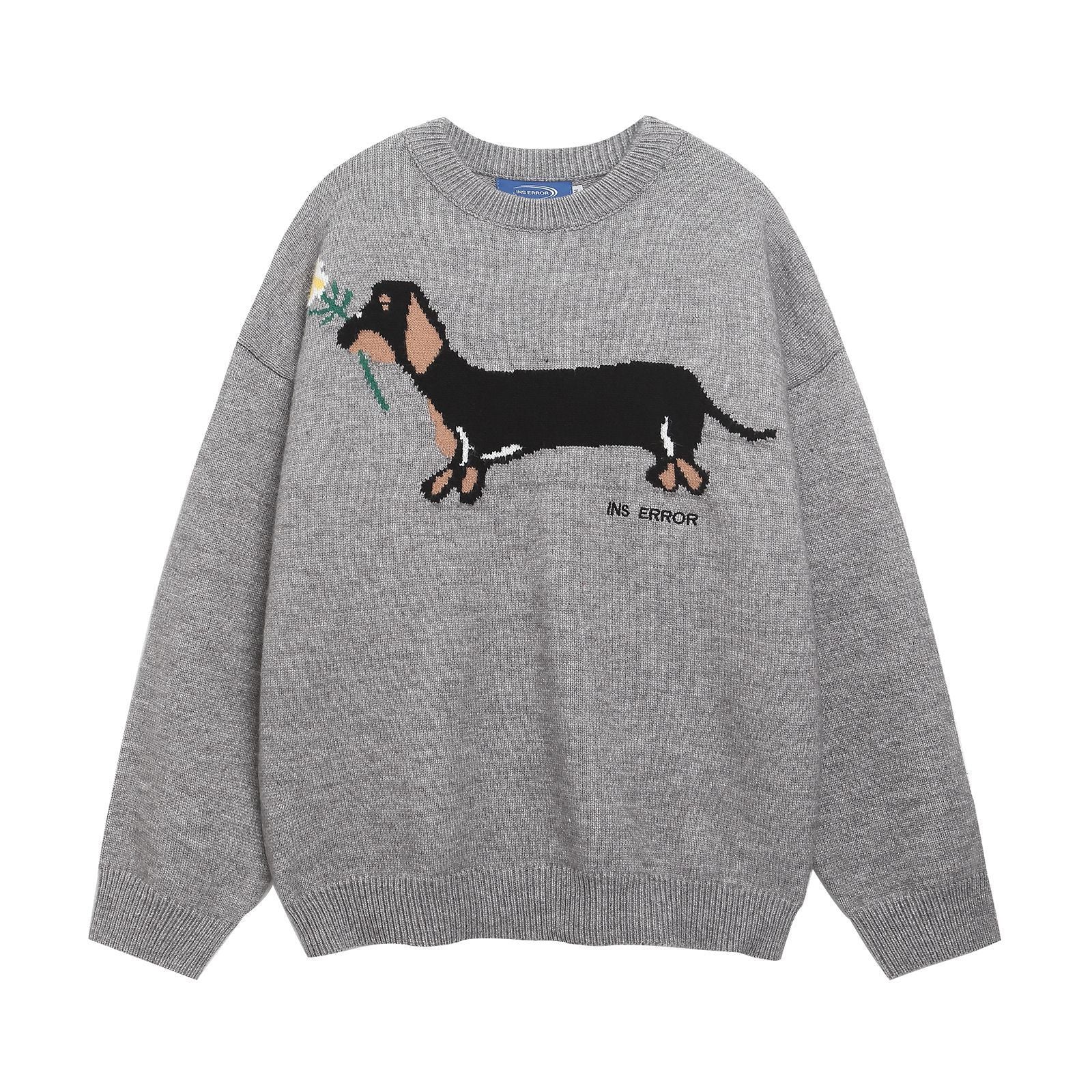 American Retro Sausage Puppy Jacquard Round Neck Sweater
