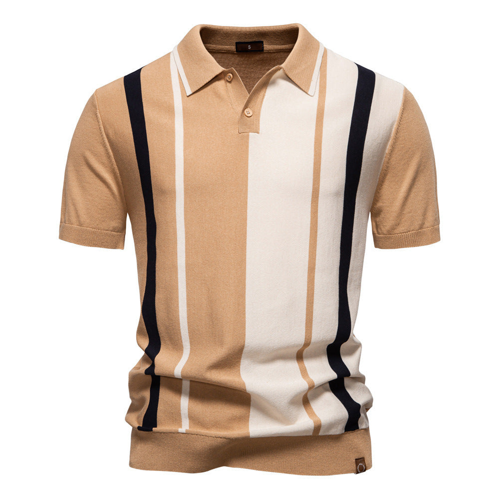 Men's Lapel Short Sleeve Knitted Polo Striped Stitching