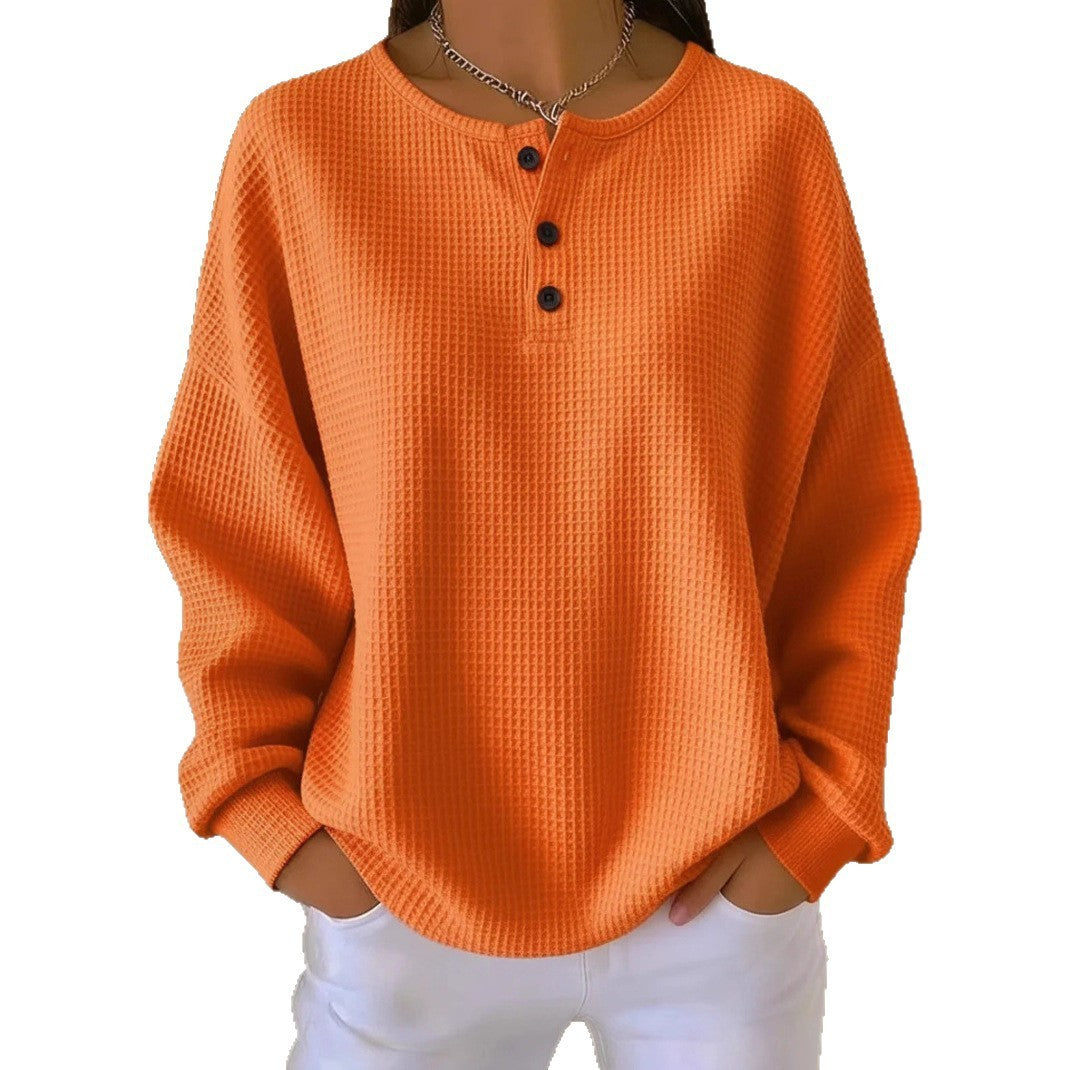 Fashion Round Neck Waffle Solid Color Pullover Loose Top