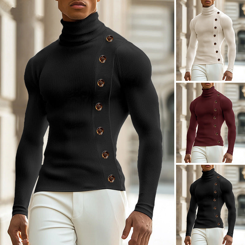 European And American Men Casual Sweater Turtleneck Buttons Solid Color Long Sleeve