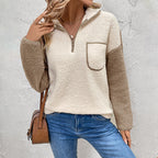 Long Sleeve Stand Collar Color Matching Warm With Velvet Sweater