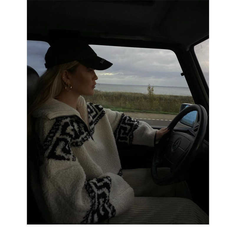 Short Zipper Polo Large Lapel Lamb Wool Loose Woolen Coat