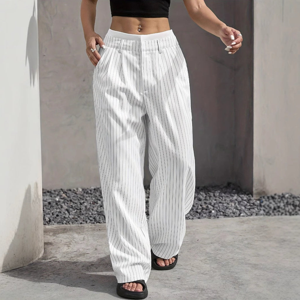 Stripe Printed Trousers Fashion High Waist Straight Leg Pants With Pocket Zipper Casual Suit Pants For Women