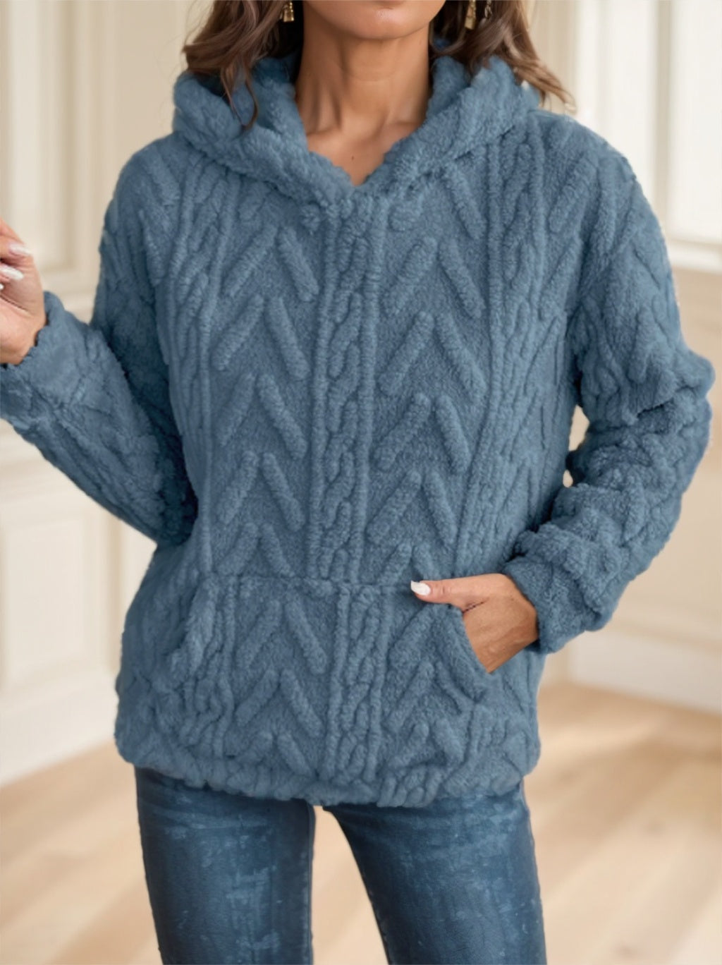 Olid Teddy Bear Textured Hoodie Casual Long Sleeve Kangaroo Pocket Hoodie Sweatshirt