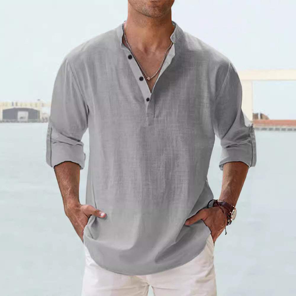 Men's Linen Stand-up Collar Long Sleeve T-shirt Loose Undershirt