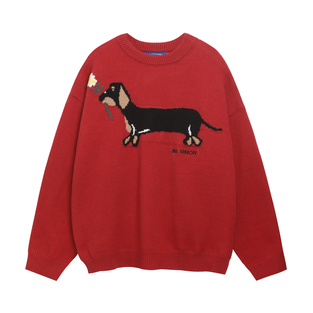 American Retro Sausage Puppy Jacquard Round Neck Sweater