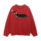 American Retro Sausage Puppy Jacquard Round Neck Sweater