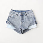 Flanging Low Waist One Button Casual Denim Shorts