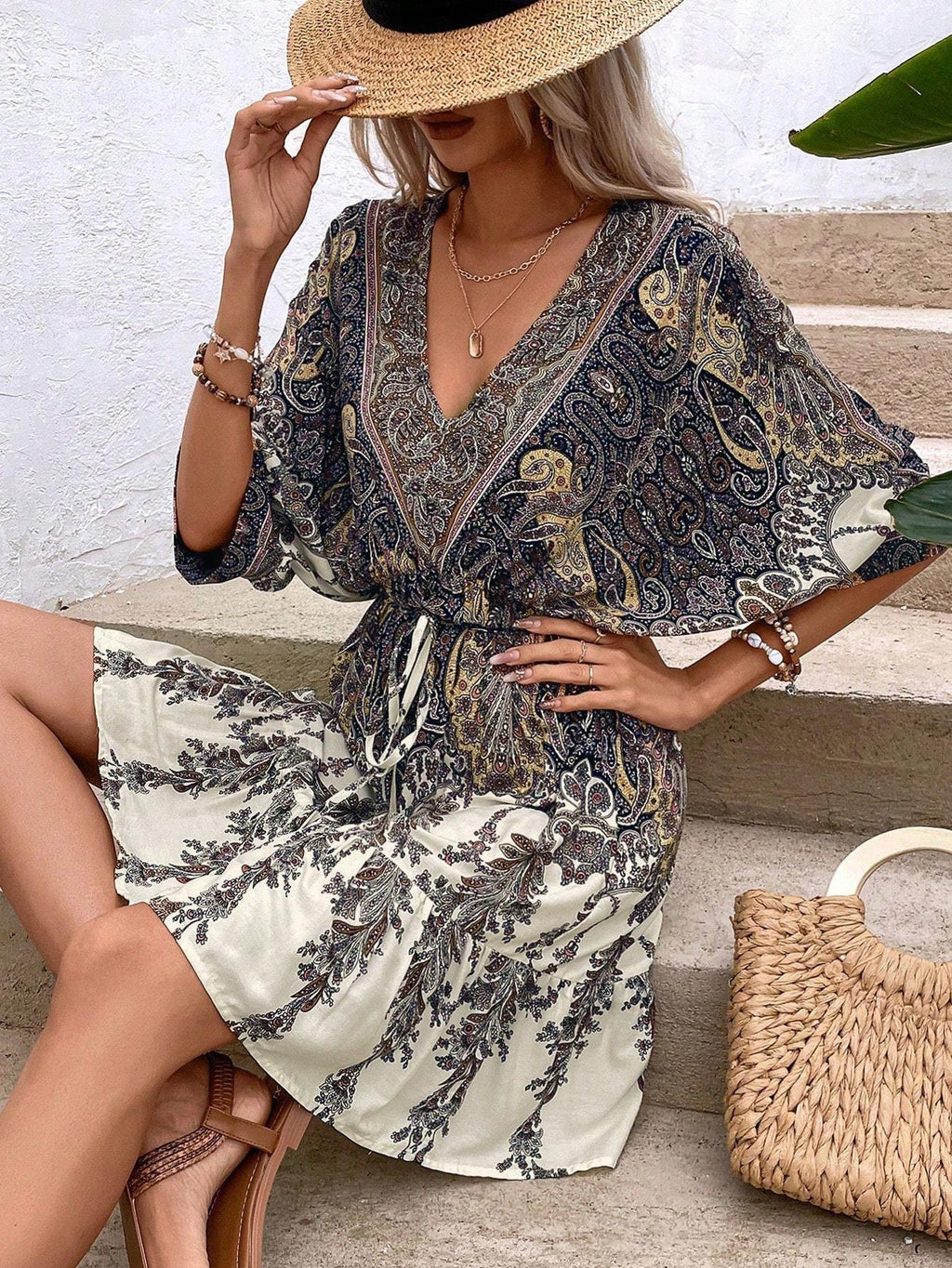 Paisley Print Batwing Sleeve Tassel Tie Front Ruffle Hem Dress