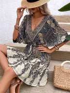 Paisley Print Batwing Sleeve Tassel Tie Front Ruffle Hem Dress