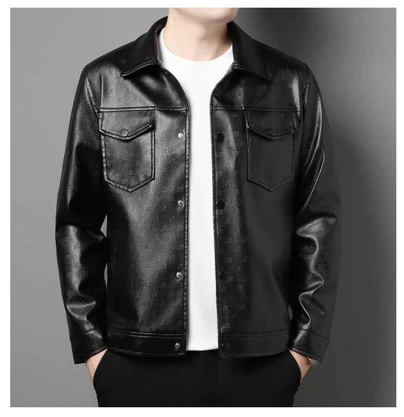 Men's Lapel Trend Lightweight Printed Leather Jacket