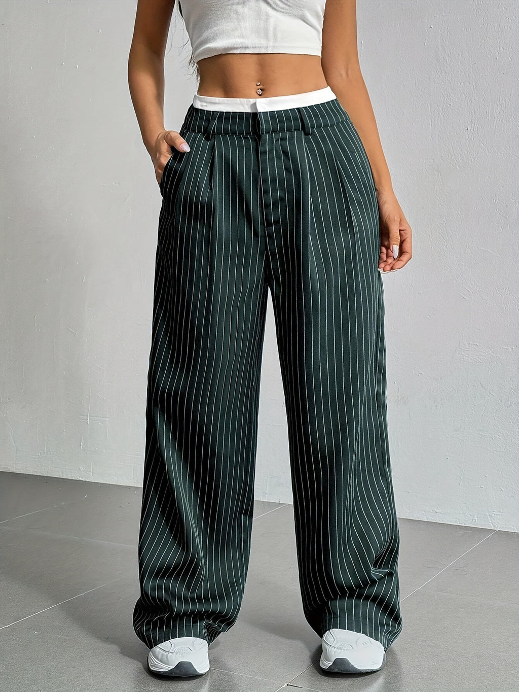 Stripe Printed Trousers Fashion High Waist Straight Leg Pants With Pocket Zipper Casual Suit Pants For Women