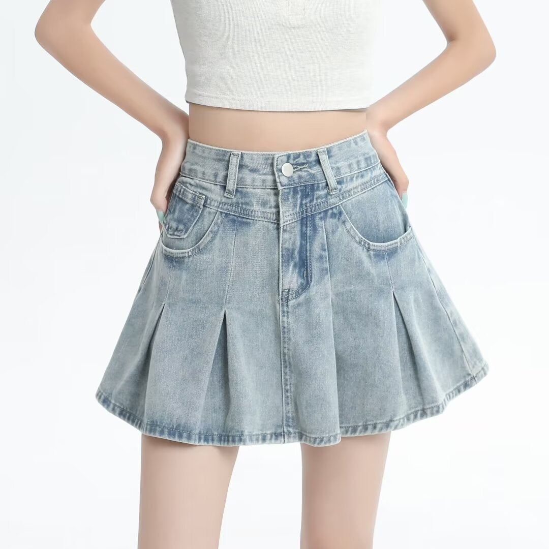 Retro Denim Skirt Summer A- Line Pleated Skirt