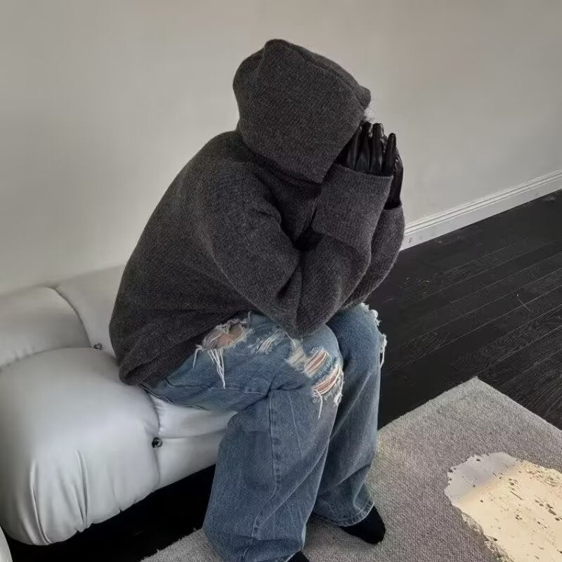 Retro Half Zipper Hooded Sweater Men's Lazy Knitted Cardigan Jacket