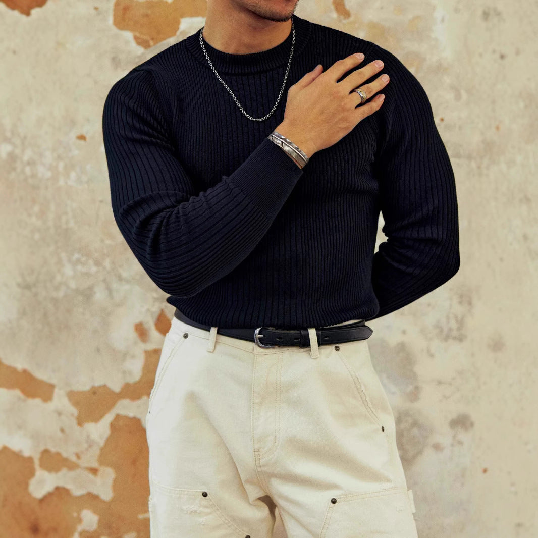 Men's Round Neck Solid Color Striped Long-sleeved Sweater Autumn And Winter