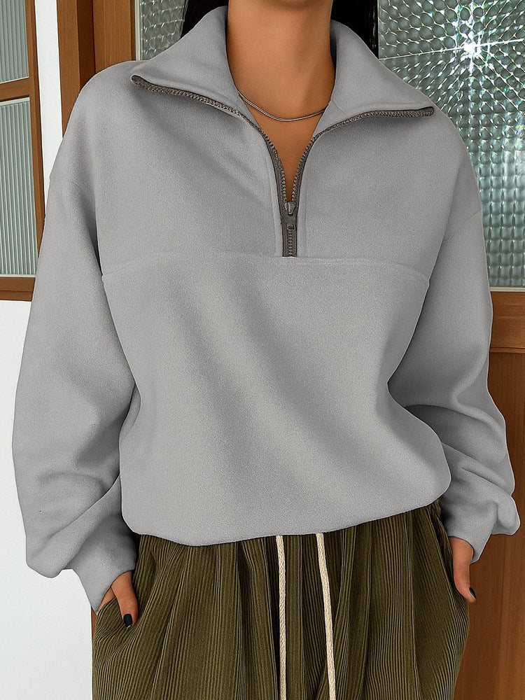 Women's Casual Loose Fashion Solid Color Long Sleeve Zipper Pullover Lapel Sweatshirt