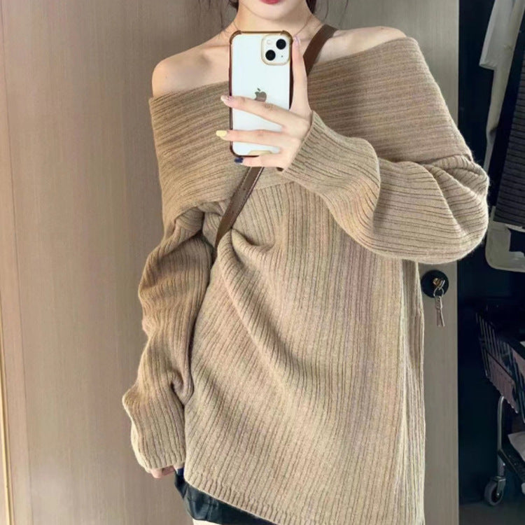 Lazy Style Shoulder-revealing Red Atmosphere Off-shoulder Sweater