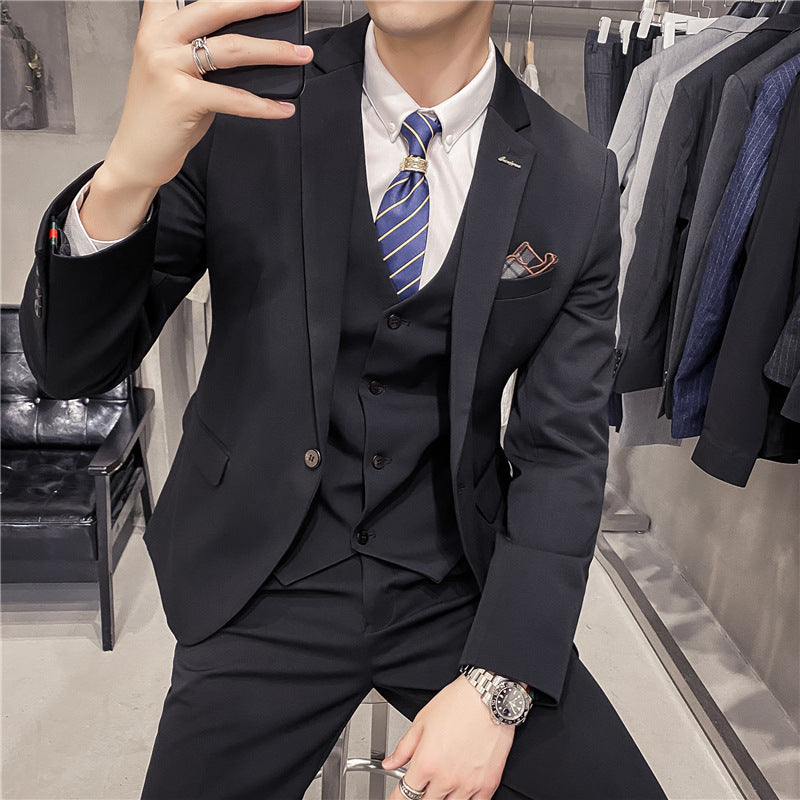 Business Formal Wear Plus Size Swallowtail Three-piece Solid Color Korean Men's Suit