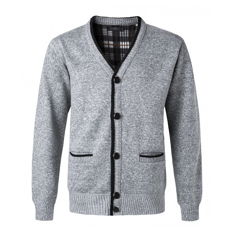 Autumn And Winter Fleece-lined Thickened V-neck Cardigan Cotton Knitwear Dad Coat