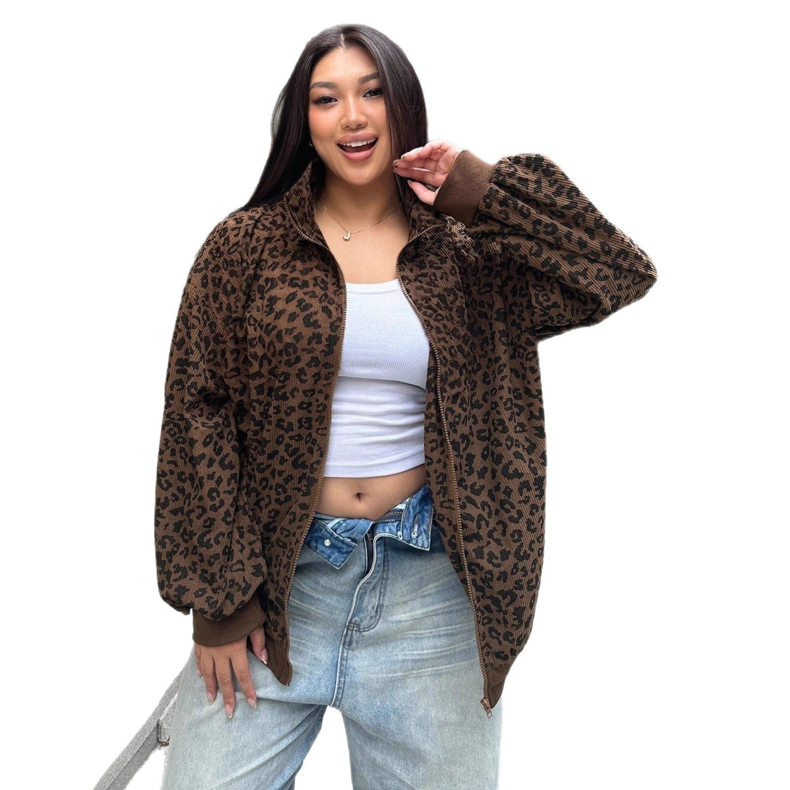 Casual Leopard Print Corduroy Zip-up Long Sleeve Sweatshirt For Women
