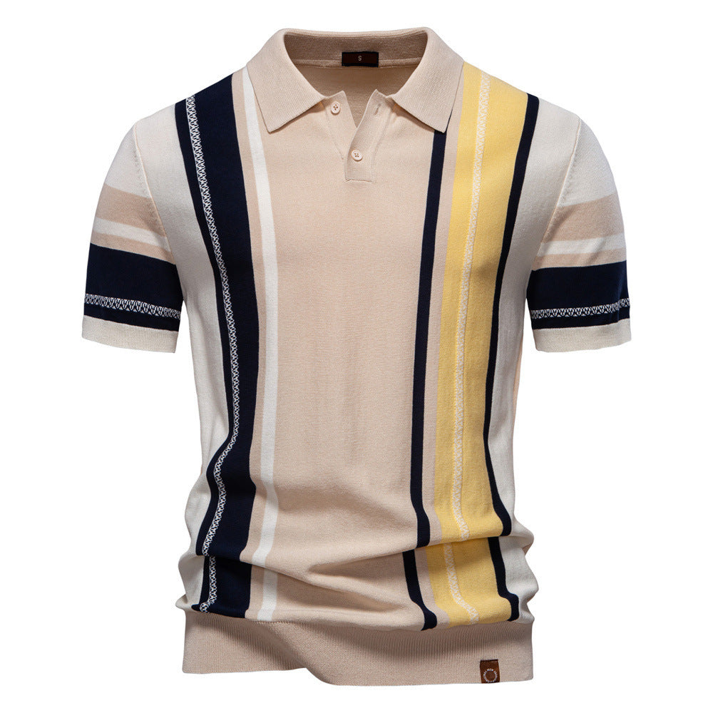 Men's Lapel Short Sleeve Knitted Polo Striped Stitching