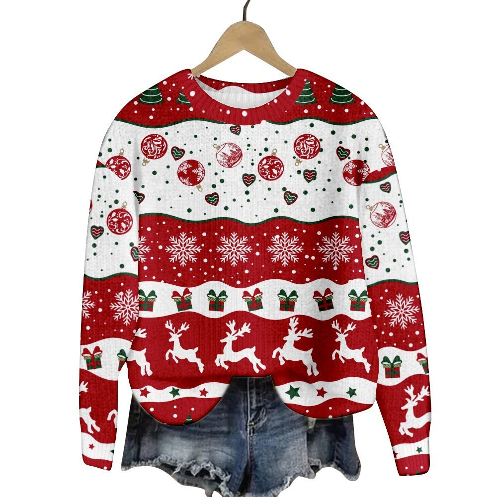 Christmas Cat Hat Snowflake Print Women's Round Neck Sweatshirt
