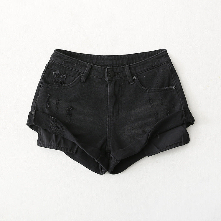 Flanging Low Waist One Button Casual Denim Shorts