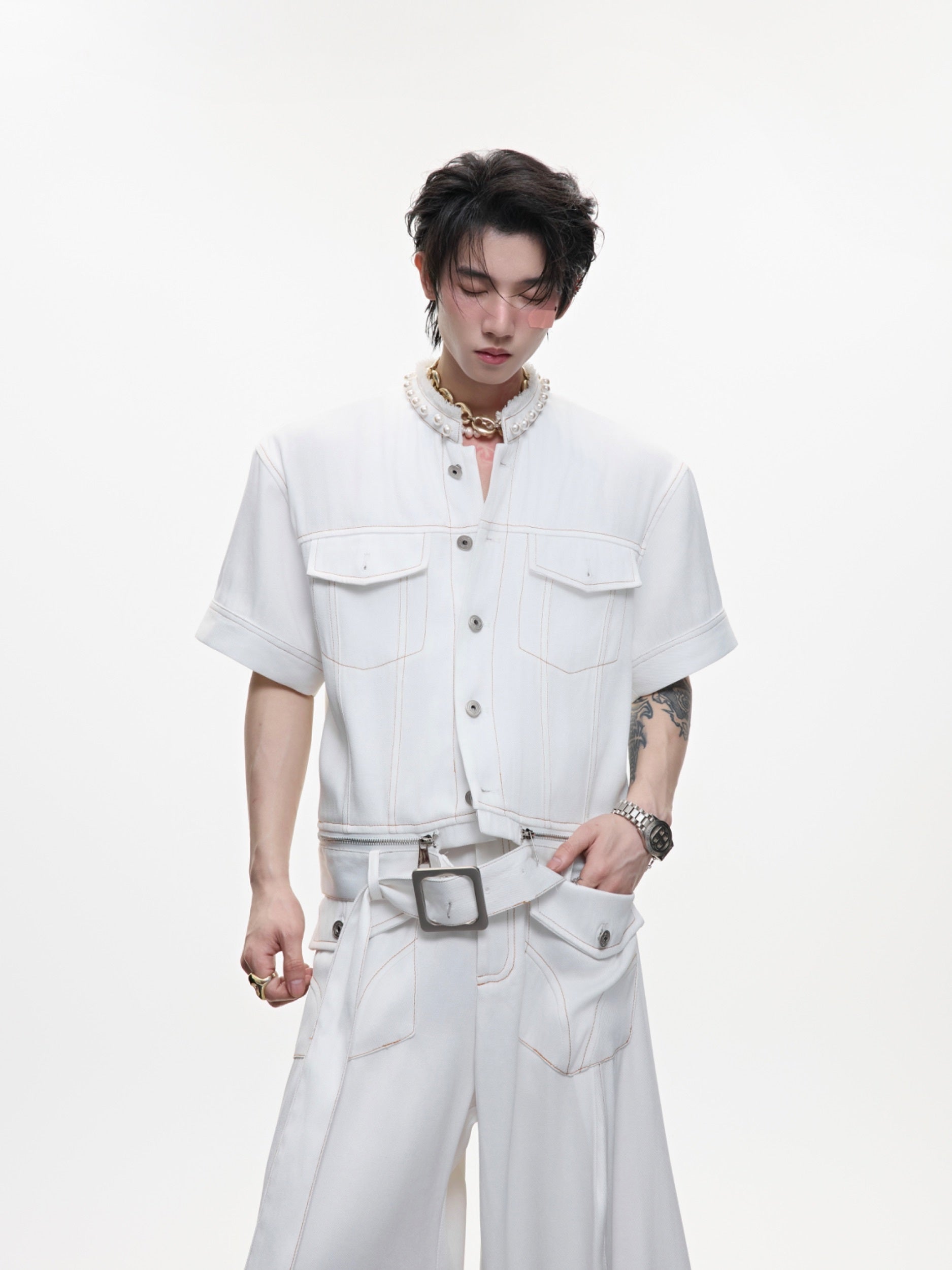 Pearl Edging Short Sleeve Denim Suit