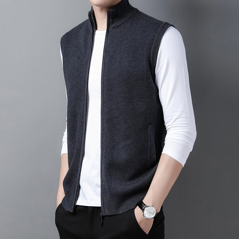 Pure Color Warm Keeping Zipper Knitted Men's Thickened Vest Coat