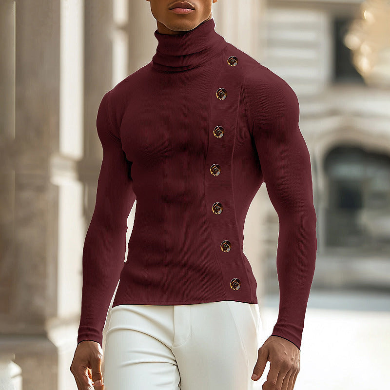 European And American Men Casual Sweater Turtleneck Buttons Solid Color Long Sleeve