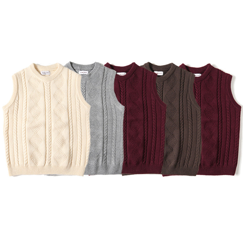Jacquard Round Neck Knitted Loose Thickened Cable-knit Sweater Vest Tide