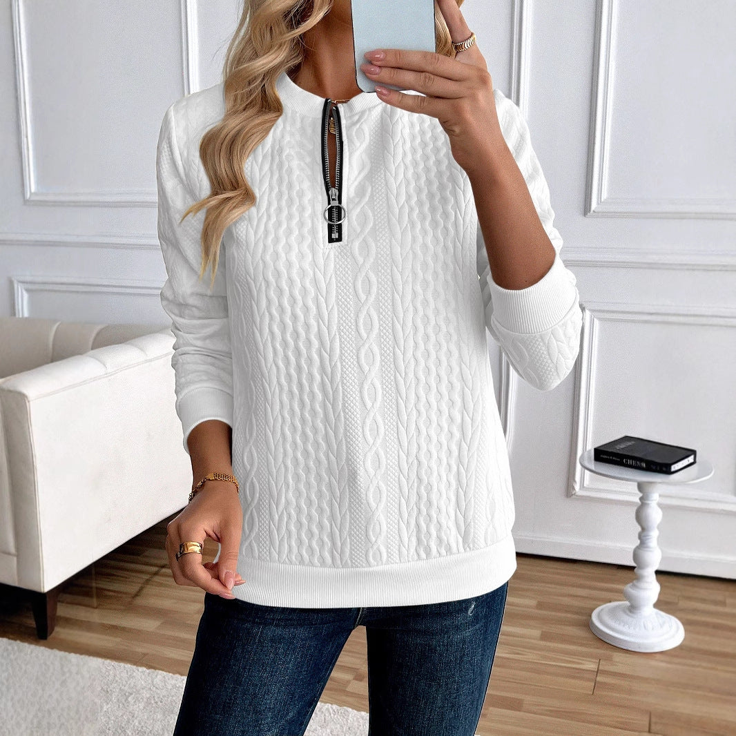 Women's Loose Casual Pullover Half Zipper Long Sleeve Solid Color Texture Round Neck Hoodie For Women