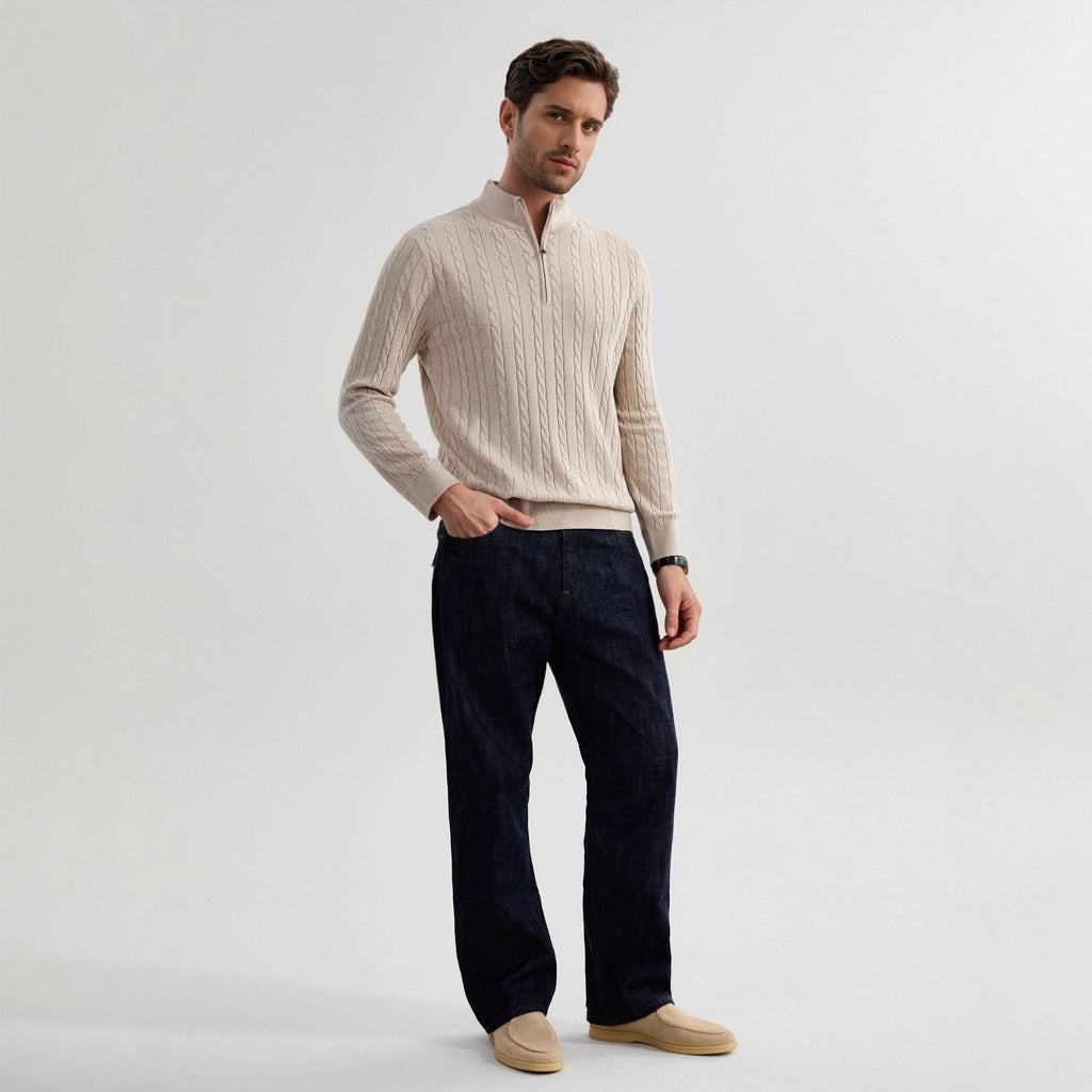 American Old Money Style Stand Collar Twisted Men's Casual Zipper Sweater