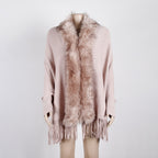Autumn And Winter Fringed Cloak Shawl Fur Collar Solid Color Cardigan