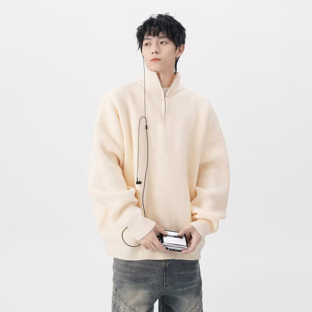 American-style Half Zipper Destroyed Sweater Men's Autumn And Winter Loose Lazy Style