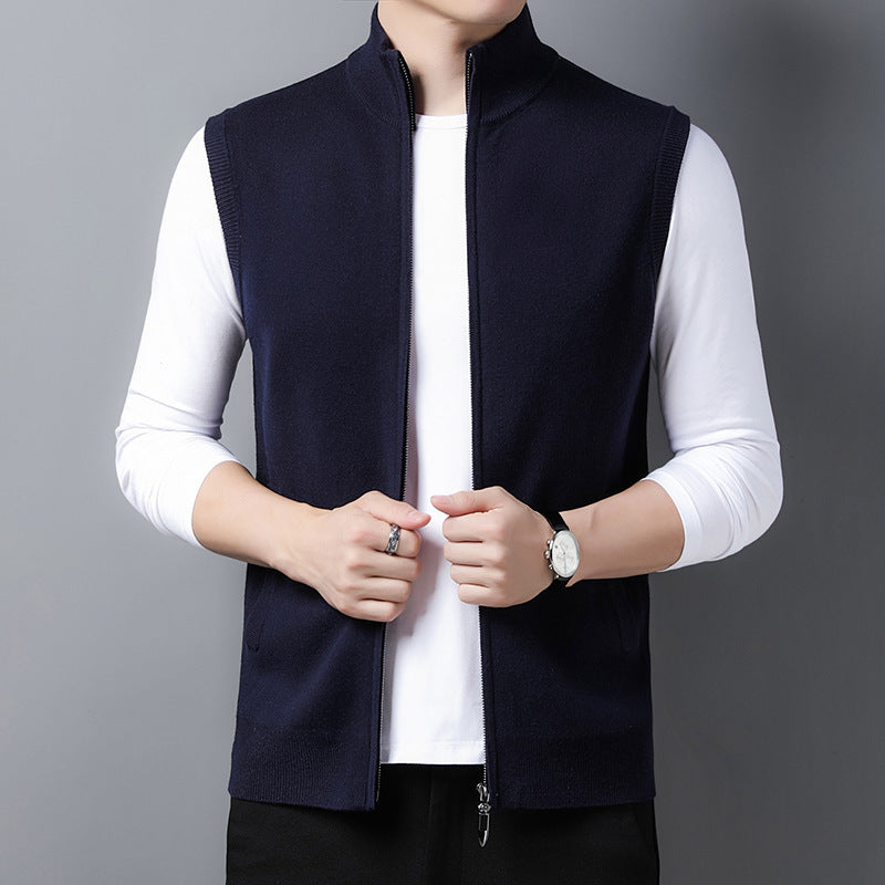 Pure Color Warm Keeping Zipper Knitted Men's Thickened Vest Coat