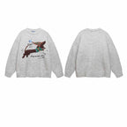 American Retro Christmas Hat Puppy Embroidery Design Casual Round Neck Sweater